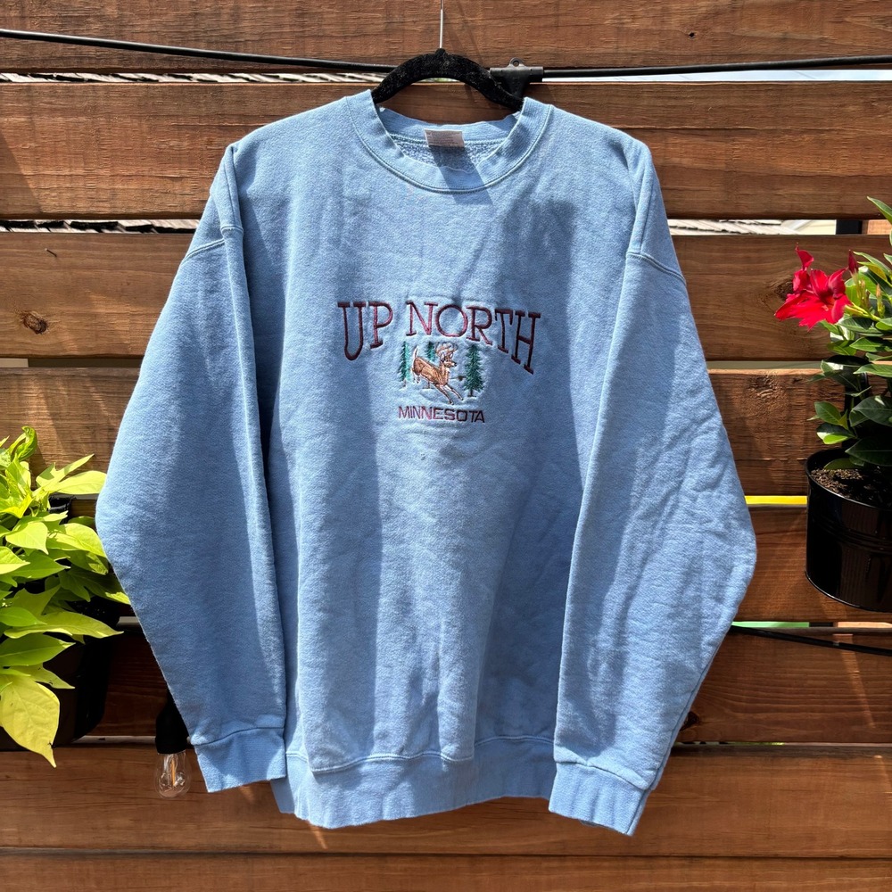 Oneita Sweatshirt Mens XXL Blue Good Up North Minnesota Embroidered Made in USA